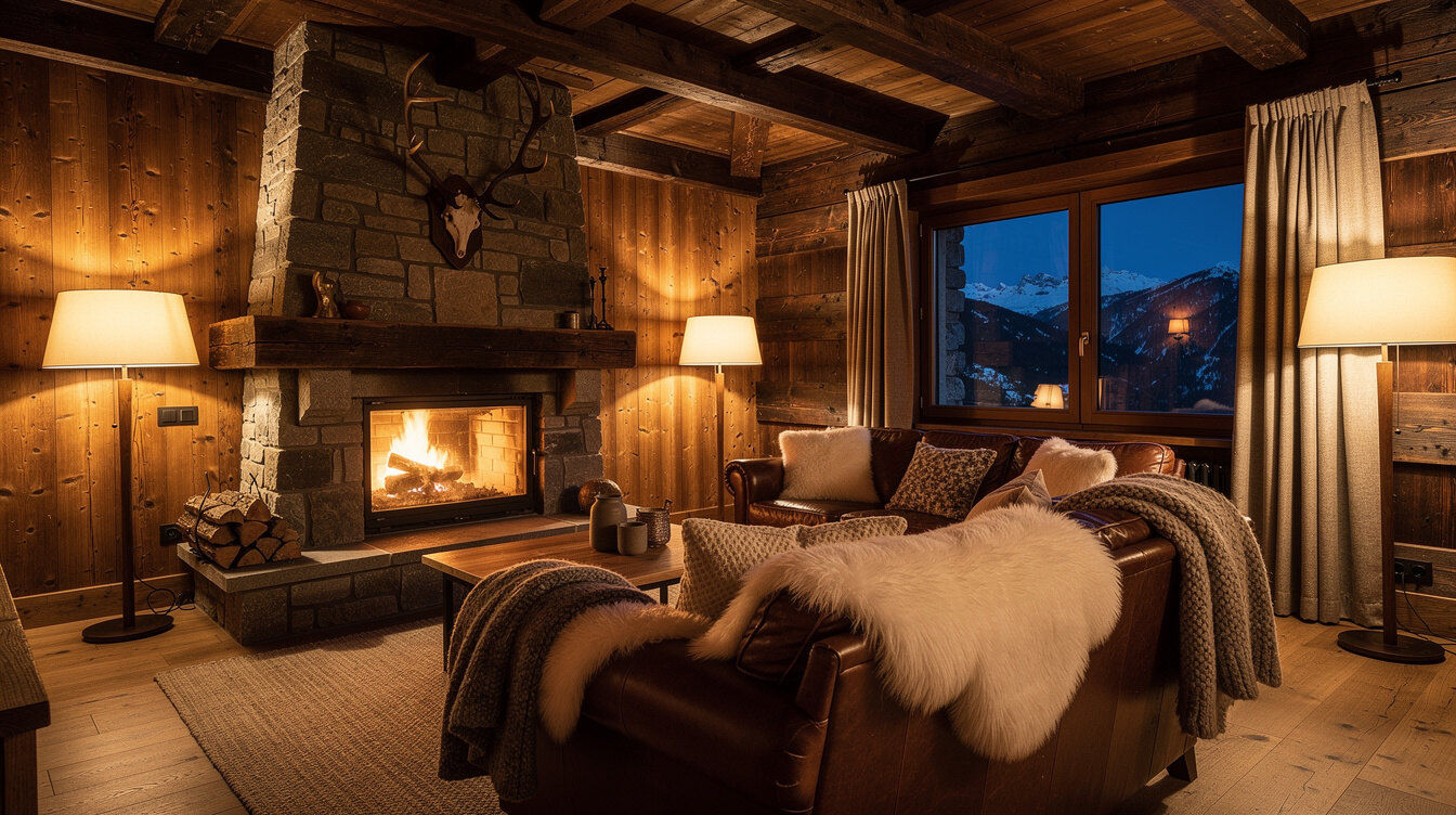 Interior of a Swiss alpine chalet with wooden beams and stone fireplace