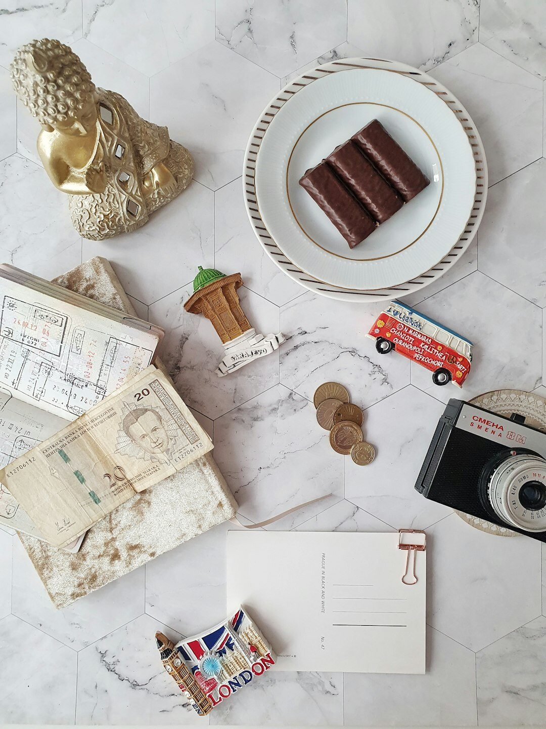 Flat lay of vintage lifestyle magazines and decorative objects