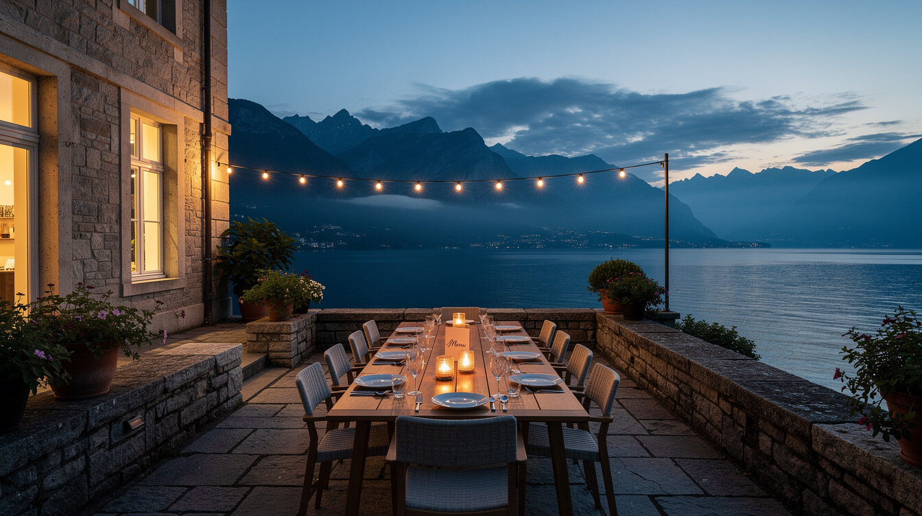 Villa terrace overlooking Lake Geneva at dusk