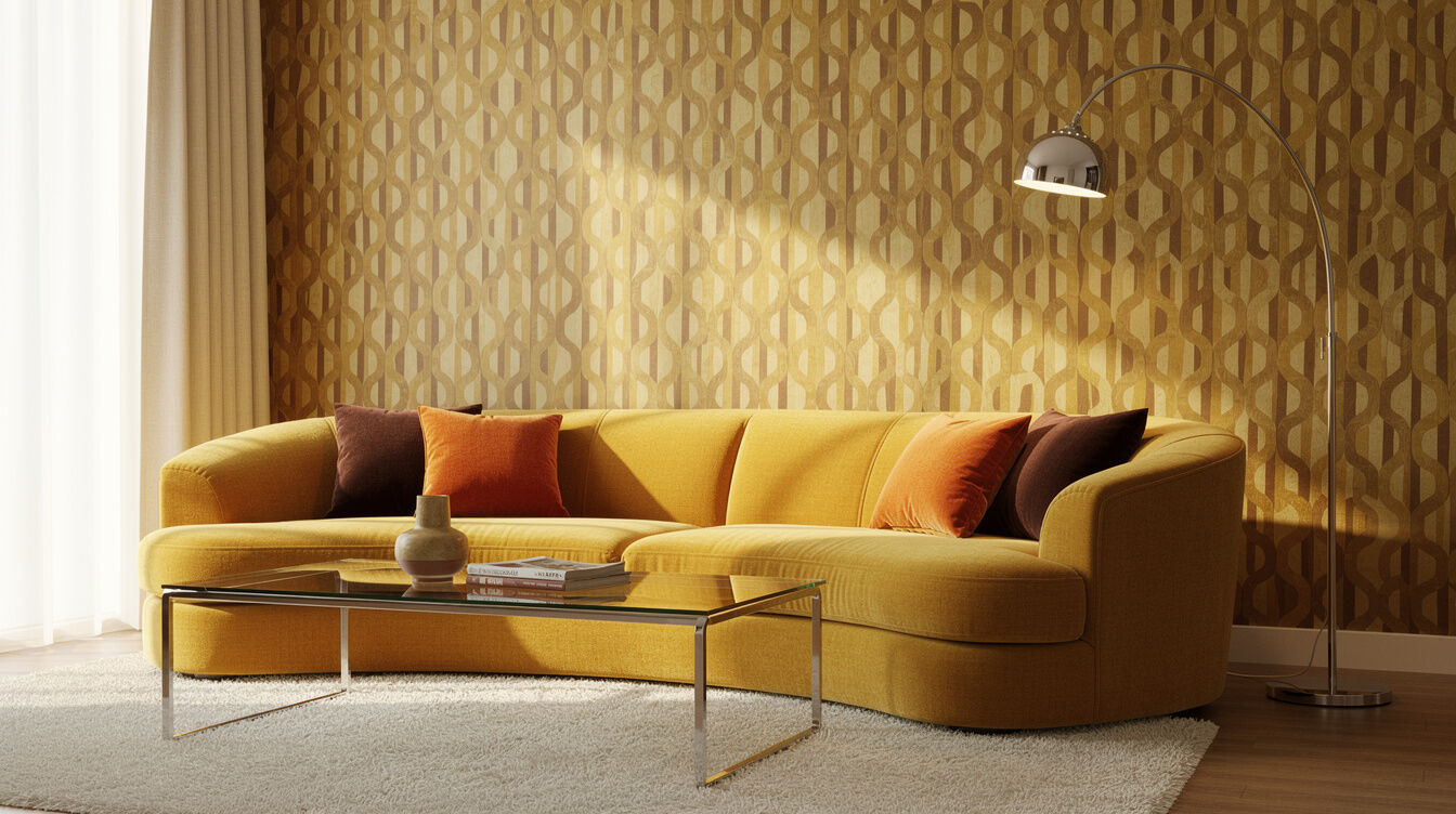 Retro 1980s living room with bold patterned decor