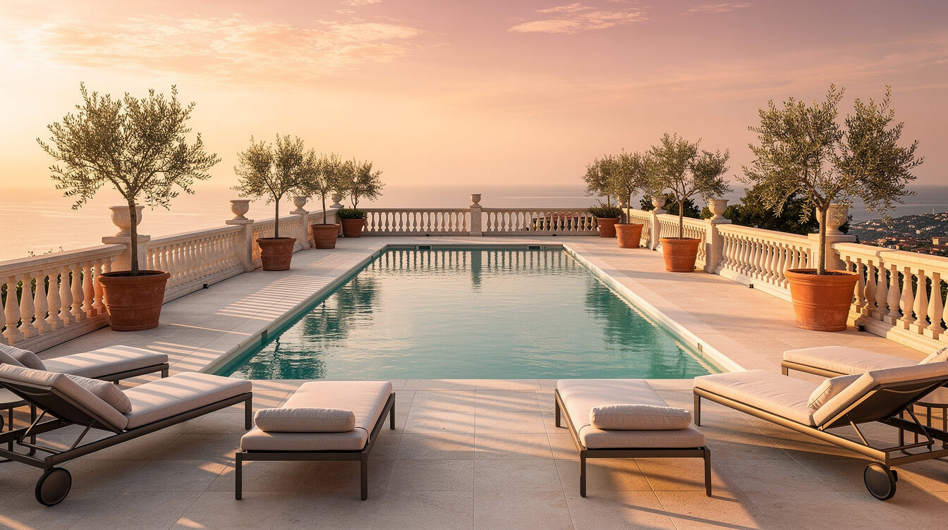 Mediterranean villa terrace with swimming pool at sunset