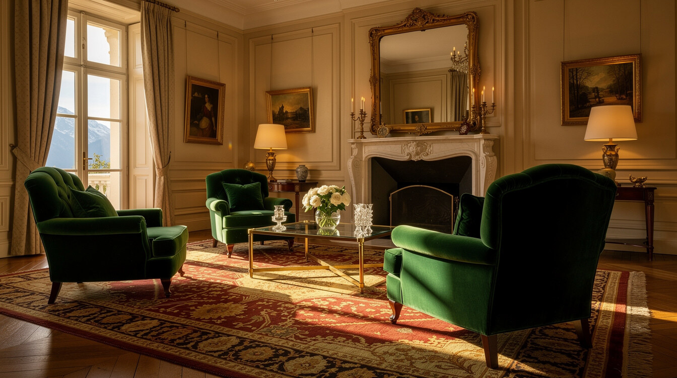 Elegant 1990s celebrity living room with velvet armchairs and marble fireplace
